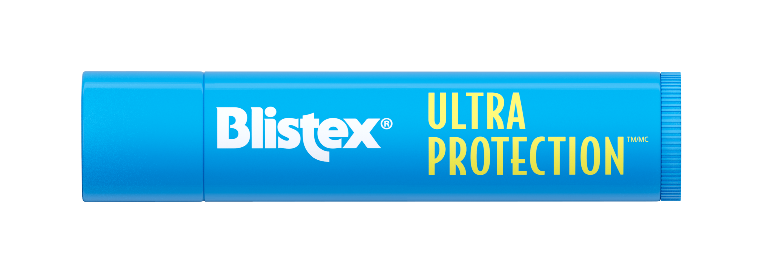 Blue Blistex Ultra Protection lip balm tube with white logo and yellow text on a blue background full-length image thumbnail cap visible at the right edge